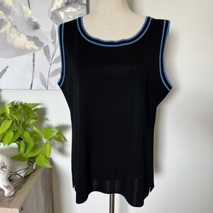 Misook Tank Top Womens XL Black Knit Scoop Neck Blue Trim Sleeveless Minimalist